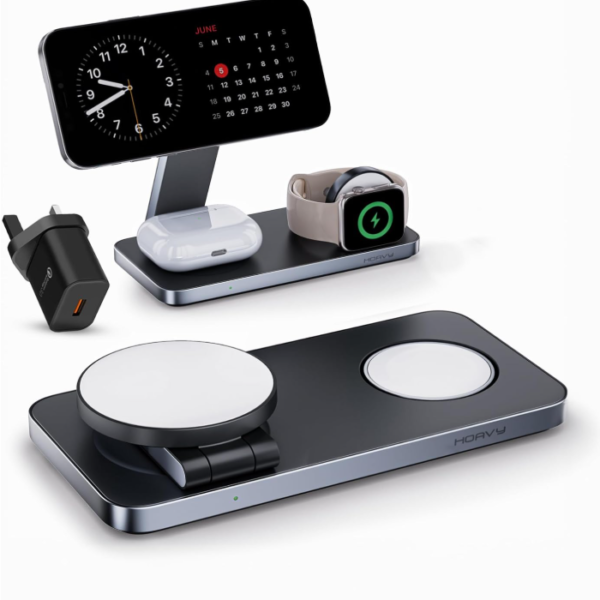 Magnetic Wireless Charger All in one, Apple Phone Magnetic Charger, Sleek Design, Foldable and travel friendly phone chager, Fast charging magnetic charger (Metallic Black)